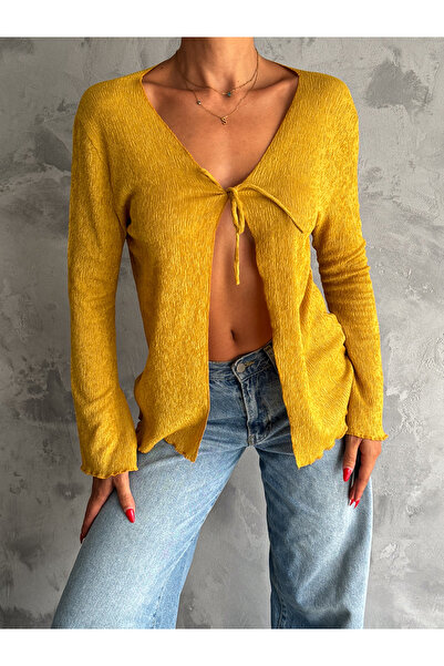 coaksco Bluză de damă de culoare muștar - cu cravată în față