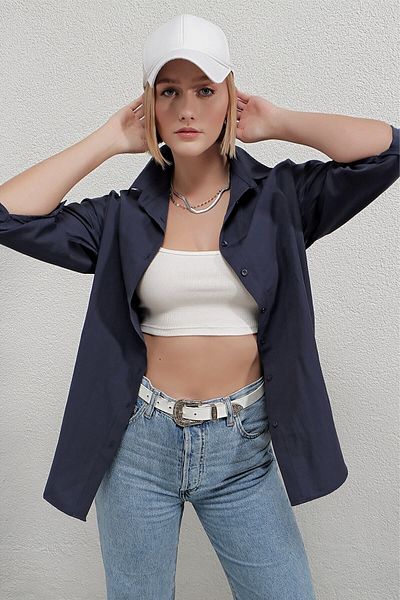 hazelin Дамска тъмносиня дълга риза Oversize Basic Hzl22w-bd139001
