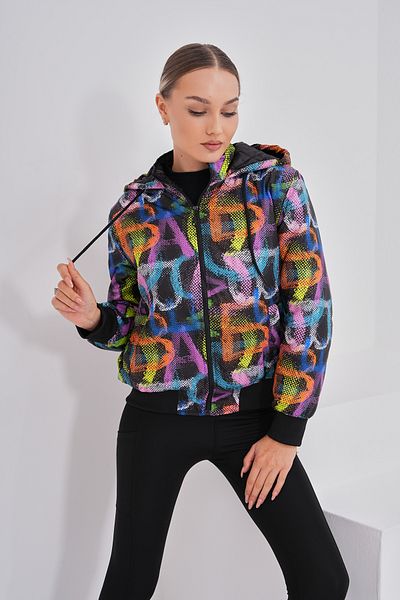 MAG FASHİON Neon Patterned Black Women's Coat - Hooded and Water Wind Repellent