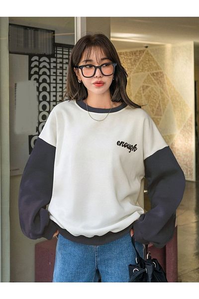 Know Women's 3 Thread White Enough Printed Smoked Sleeve Detail Oversize Sweatshirt