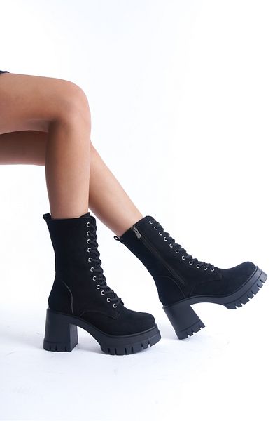 SEEM & BE Γυναικείες μπότες Reina Suede Black - Χοντρό τακούνι και κορδόνι