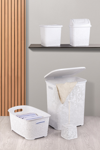 ALP HOME Dantel Desen 5 Parça Banyo Seti Kirli Sepeti Çamaşır Selesi Deterjan...