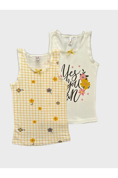 elmas kids Yellow and White Floral Patterned 2-Piece Cotton Undershirt Set for Girls