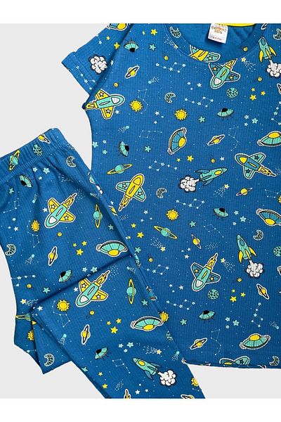 elmas kids Set de pijamale de vară cu mânecă scurtă, din bumbac, cu nervuri, cu model spațial