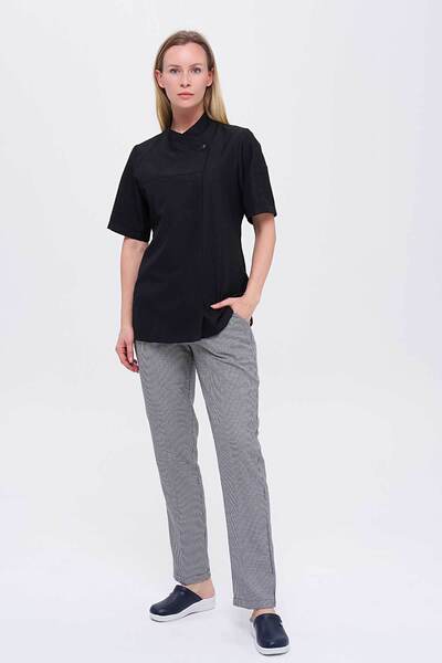 TIPTEKS Women's Royal Short Sleeve Black Chef Jacket and Fully Elastic Gingham Trousers Double Set