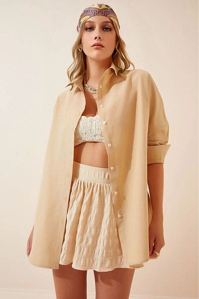 hazelin Γυναικείο Μπισκότο Oversize Μακρύ Βασικό Πουκάμισο Hzl22w-bd 139001