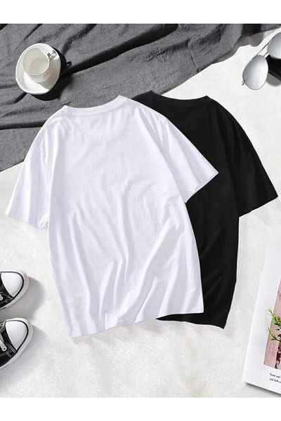 Mambo Unisex Pack of 2 Black-white Basic Oversize Combed Cotton T-shirt T-Shirt