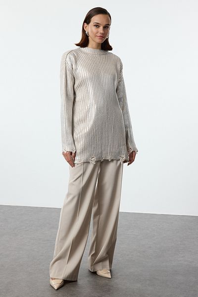 Trendyol Modest Kötött ezüst fóliás pulóver - TCTAW25AK00037