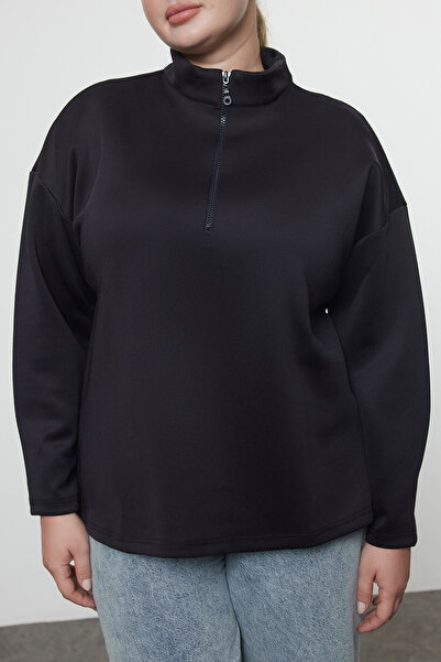 Trendyol Curve Nagy méretű sötétkék kötött pulóver - állógallér, széles szabású TBBSS24AO00000