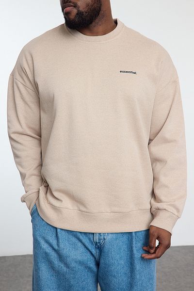 Trendyol Collection Plus Size Beige Sweatshirt - Crew Neck, Fleece, Wide Fit Tmnaw25Ao00053