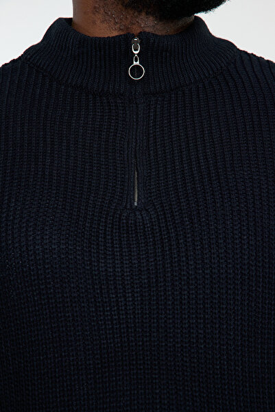 Trendyol Collection Πλεκτό πουλόβερ με μισό ζιβάγκο Navy Blue Plus Size - TMNAW24AN00008