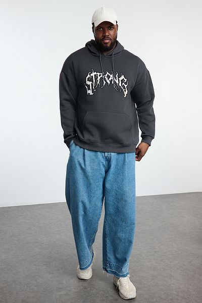 Trendyol Collection Φούτερ με κουκούλα μεγάλου μεγέθους Anthracite Oversize/Wide Cut με φλις εσωτερικά TMNAW25AO00010