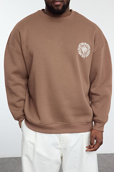 Trendyol Collection Φούτερ με φλις εσωτερικά κεντημένο καφέ υπερμεγέθη/φαρδύ φούτερ TMNAW25AO00009