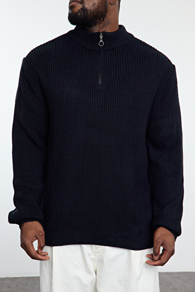 Trendyol Collection Πλεκτό πουλόβερ με μισό ζιβάγκο Navy Blue Plus Size - TMNAW24AN00008