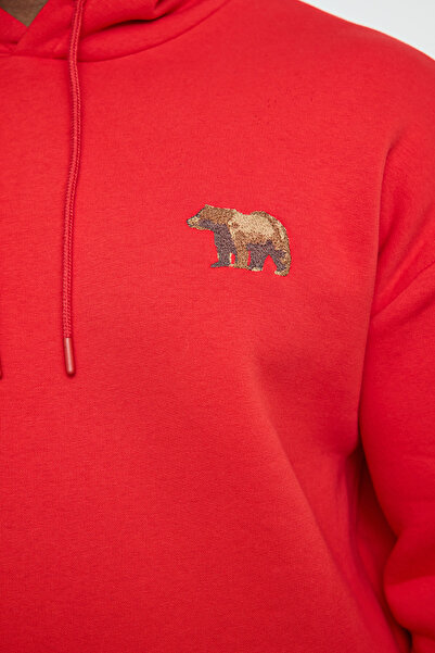 Trendyol Collection Nagy méretű piros túlméretes/széles szabású kapucnis belső polár pulóver TMNAW25AO00005