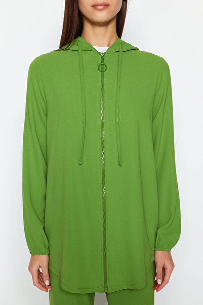 Trendyol Modest Green Hooded Zippered Cardigan-Trousers Woven Bottom-Top Set TCTSS22US0026