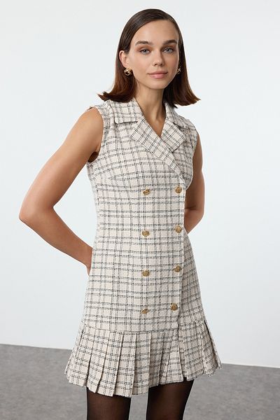 Trendyol Collection Mini-tweed-jackenkleid - Ecru Kariert, Kariert Detailliert Twoaw25el00159