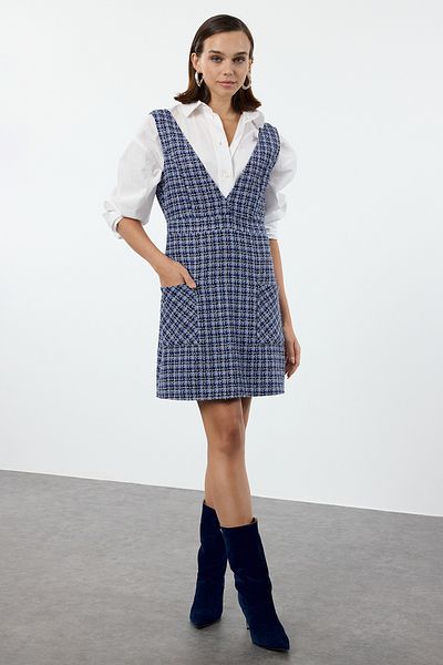Trendyol Collection Rochie gilet din tweed țesut mini în carouri albastre TWOAW23EL00685