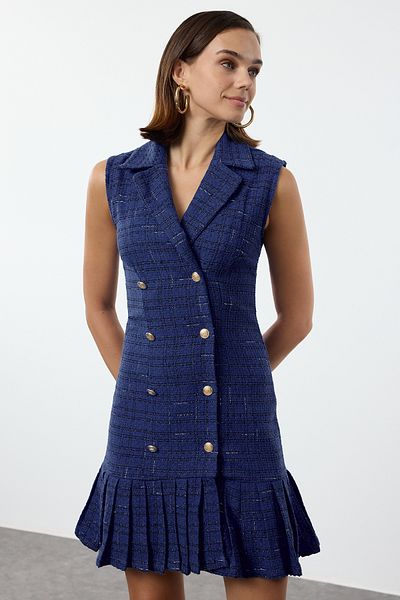 Trendyol Collection Rochie mini jachetă țesătă din tweed - carouri albastre, detaliu plisat în carouri, TWOAW25EL00159