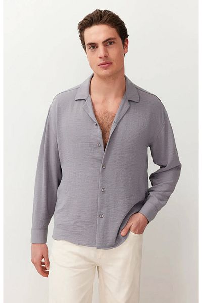 Trendyol Collection Világosszürke Oversize nyári vászon megjelenésű ing - Apasch gallér TMNSS23GO00053