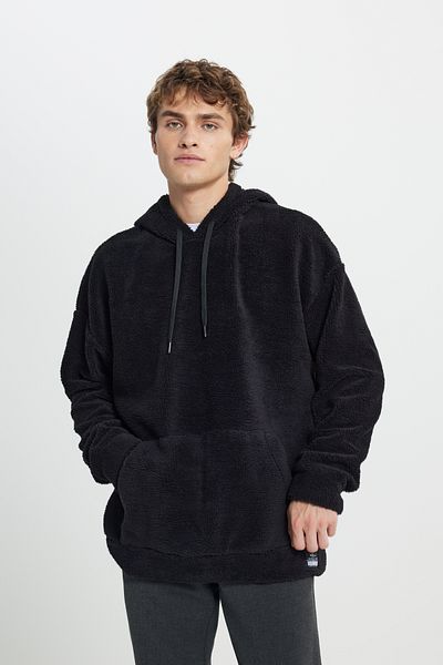 AC&Co / Altınyıldız Classics Übergroßes schwarzes Sherpa-Sweatshirt mit Kapuze für Herren - Fleece