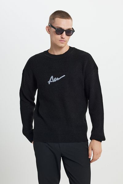 AC&Co / Altınyıldız Classics Pánský černý oversize svetr s širokým střihem a výstřihem s měkkým texturovaným výstřihem