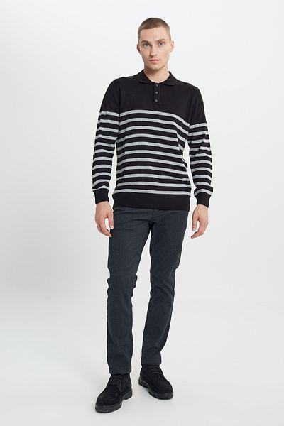 ALTINYILDIZ CLASSICS Schwarz-Anthrazitfarbener Strickpullover mit Polokragen und Streifen in normaler Passform für Herren