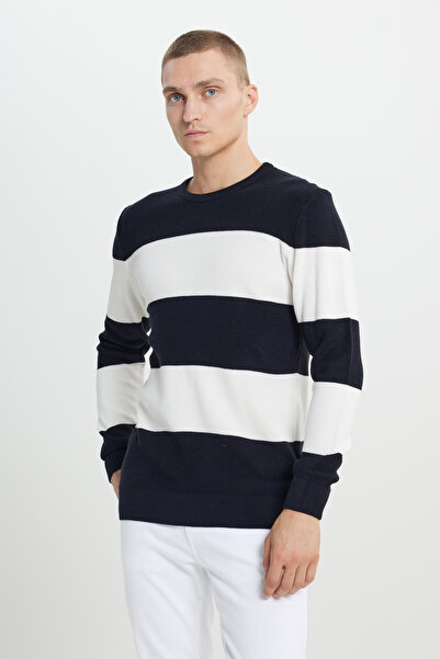 AC&Co / Altınyıldız Classics Pánský úpletový svetr v námořnické modré-Ecru Standard Fit Regular Cut Crew Neck