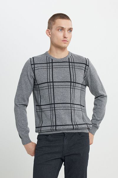 AC&Co / Altınyıldız Classics Gemusterter Strickpullover für Herren in Grau-Ecru mit normaler Passform und Rundhalsausschnitt aus Baumwolle
