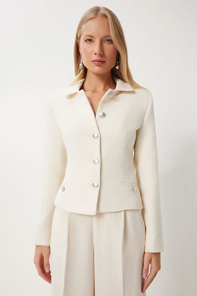 Happiness İstanbul Cremefarbene Damen-Tweedjacke – Hemdkragen WF00087