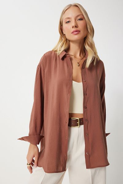 Happiness İstanbul Leinen Ayrobin Oversize Hemd - Braun, Lang, TO00141