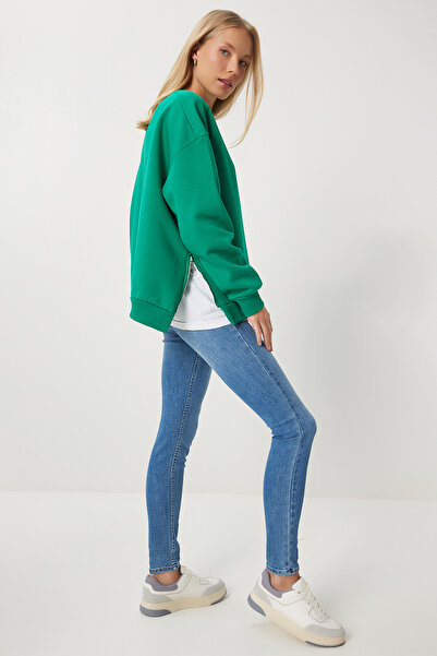 Happiness İstanbul Sötétzöld női pulóver - cipzár részlet, szalag Ub00148