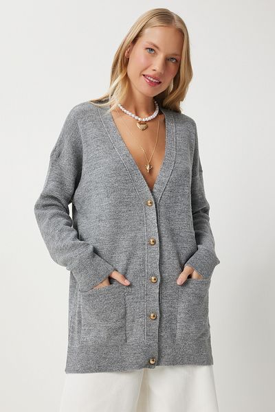 Happiness İstanbul Gray Knitwear Cardigan - Women'S, Long, Buttoned, Us00930