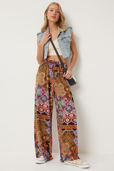 Happiness İstanbul Senffarbene Fliesenmuster-Viskose-Palazzo-Hose für Damen – EN00606
