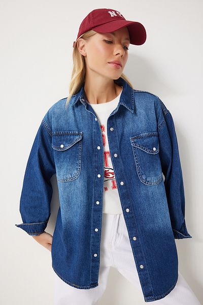 Happiness İstanbul Dunkelblaues Damen-Jeanshemd mit Kappe und Taschen – UL00044