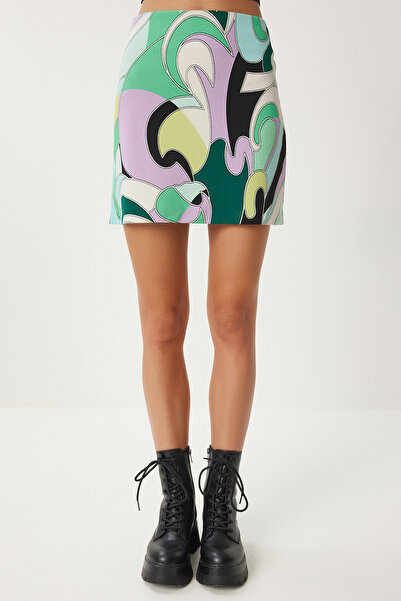 Happiness İstanbul Spódnica damska mini dzianinowa w kolorze wodno-zielonym, czarnym, wzorzysta - Fn03199