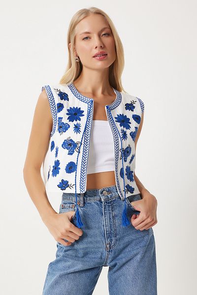 Happiness İstanbul White Embroidered Linen Women's Vest - with Tie Detail Qs00009