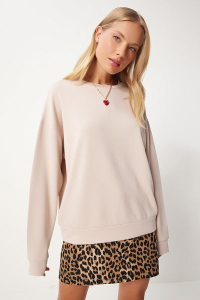 Happiness İstanbul Damen-Sweatshirt in Modal-Creme – Basic Seasonal AN00212