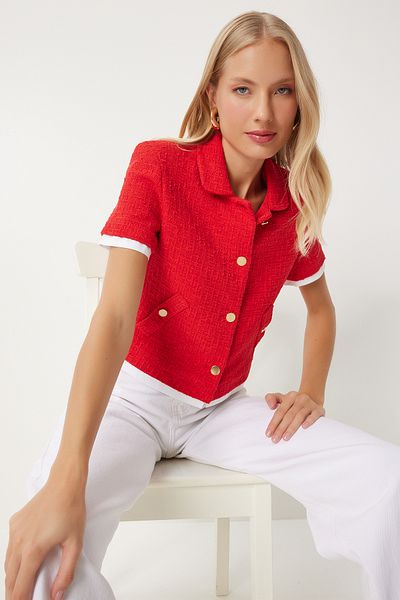 Happiness İstanbul Dámska bunda Red Crop Tweed - Garni Detailed, Wf00088