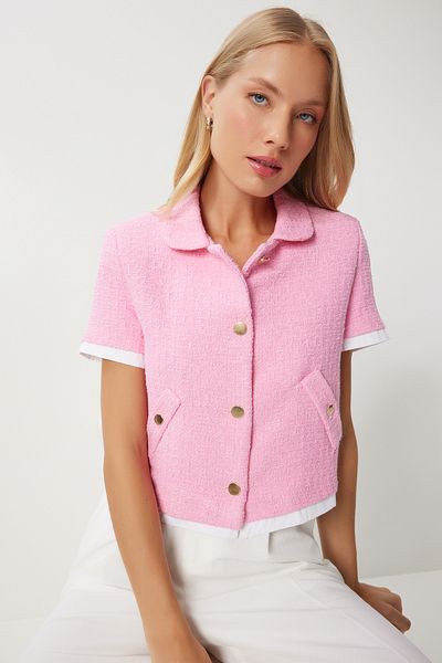 Happiness İstanbul Rosa Crop-Tweed-Damenjacke – Garni Detailliert WF00088
