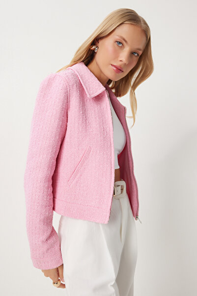 Happiness İstanbul Rózsaszín tweed dzseki - inggallér, cipzáras, női - WF00069