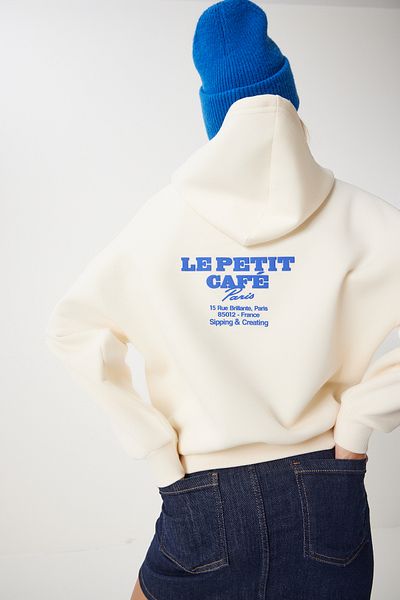 Happiness İstanbul Cremefarbenes Damen-Sweatshirt – Kapuze und Kapuze, cremefarbener Aufdruck UB00293