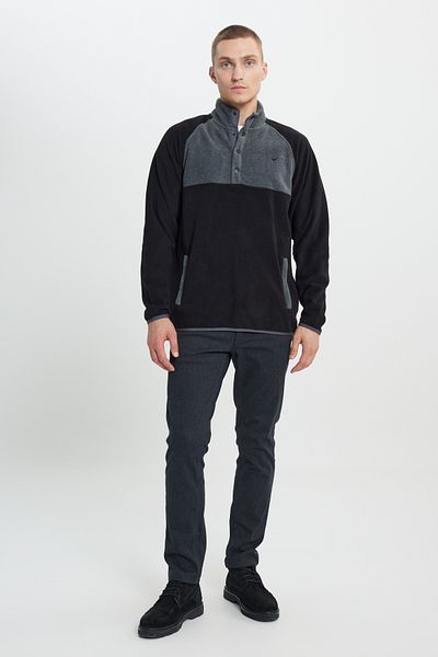 AC&Co / Altınyıldız Classics Schwarz-hellmeliertes Fleece-Sweatshirt für Herren mit gemustertem Bato-Kragen, Standard-Passform