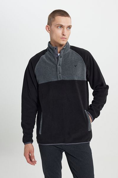 AC&Co / Altınyıldız Classics Schwarz-hellmeliertes Fleece-Sweatshirt für Herren mit gemustertem Bato-Kragen, Standard-Passform