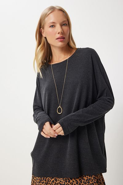 Happiness İstanbul Anthracite Color Women's Knitted Blouse - Crew Neck, Bat Sleeve En00616