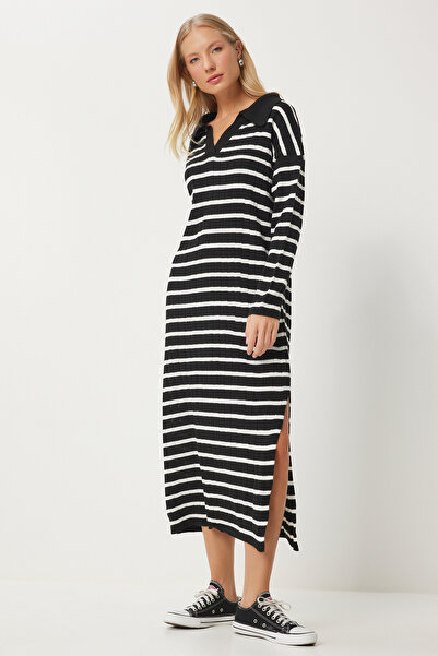 Happiness İstanbul Rochie de damă tricotată cu dungi cu decolteu polo - alb-negru JG00002