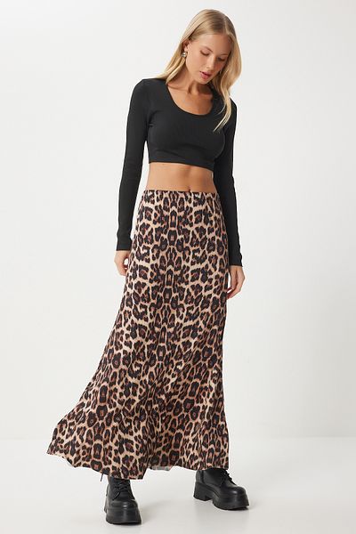 Happiness İstanbul Schwarz-beige Damenrock mit Leopardenmuster – lang gewebt RC00155