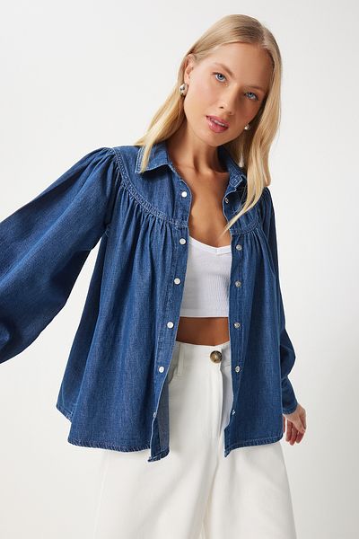 Happiness İstanbul Cămașă de damă din denim cu mâneci cu balon albastru închis - RH00030