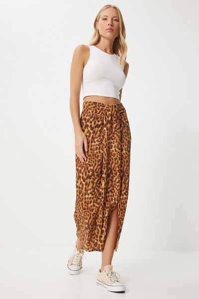 Happiness İstanbul Orange Leopard Patterned Slit Women's Skirt - Mc00290