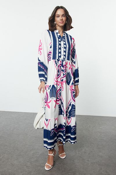 Trendyol Modest Viscose Patterned Ecru Dress - TCTSS24EB00285